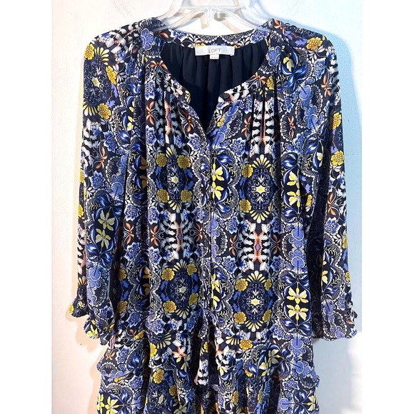 LOFT Women's Blue Yellow Floral Print Ruffle Tiered Mini Dress Size Medium - Picture 3 of 10